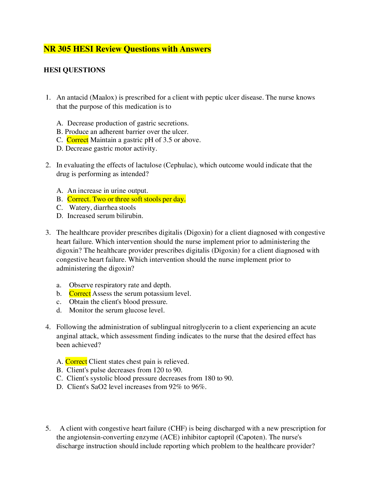 Preview of NR 305 HESI Review Questions with Answers